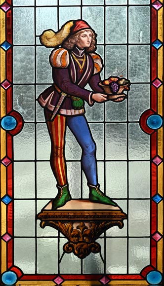 Double stained glass window in neo-Renaissance style depicting two figures with offerings-1