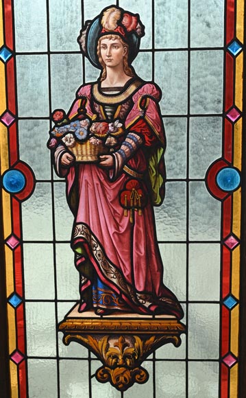 Double stained glass window in neo-Renaissance style depicting two figures with offerings-2