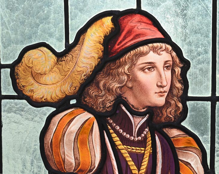 Double stained glass window in neo-Renaissance style depicting two figures with offerings-3