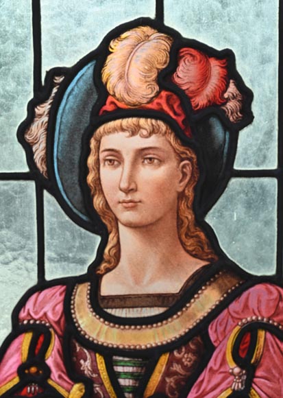 Double stained glass window in neo-Renaissance style depicting two figures with offerings-4