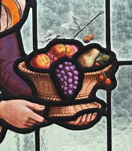 Double stained glass window in neo-Renaissance style depicting two figures with offerings-5