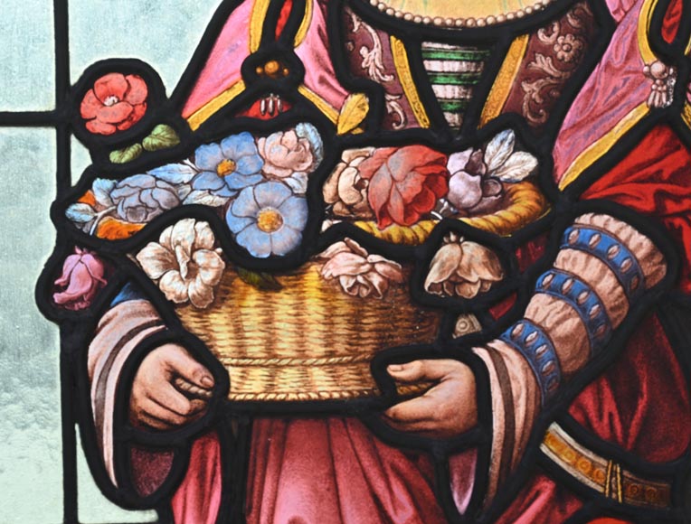 Double stained glass window in neo-Renaissance style depicting two figures with offerings-6