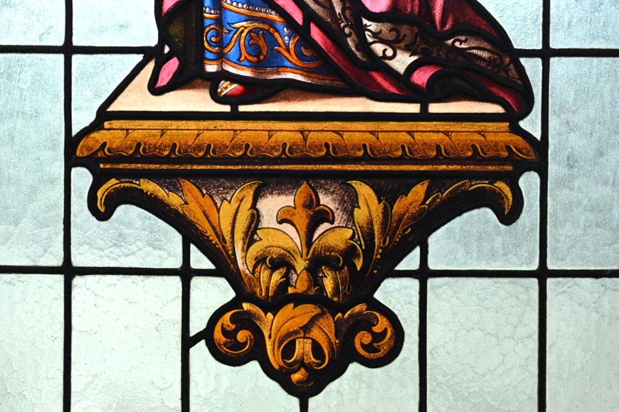 Double stained glass window in neo-Renaissance style depicting two figures with offerings-7