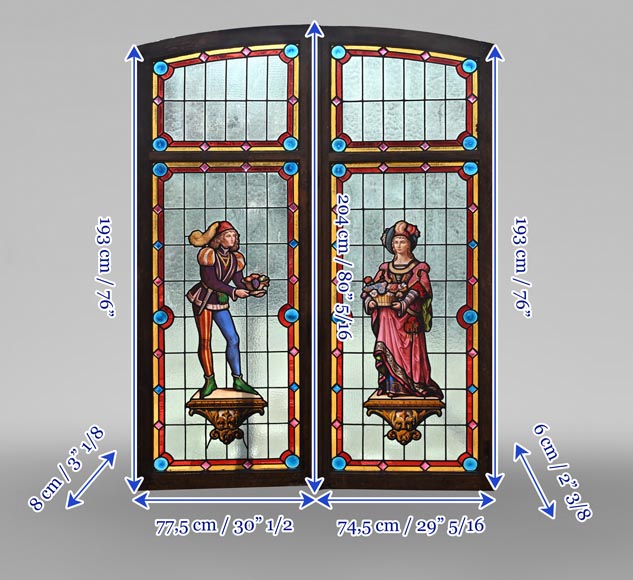 Double stained glass window in neo-Renaissance style depicting two figures with offerings-10