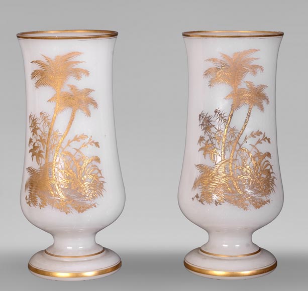 BACCARAT – Pair of White Opaline Vases with Gilded Japonist Decoration-0