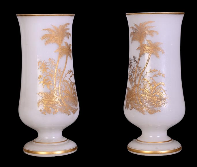 BACCARAT – Pair of White Opaline Vases with Gilded Japonist Decoration-1