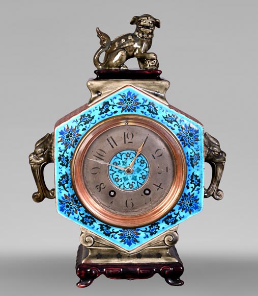 Jules VIEILLARD – “Chien de Fô” Polychrome Faience Clock-0