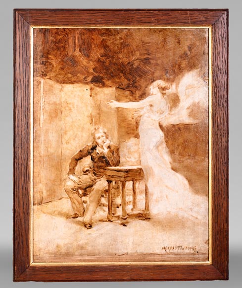 GEORGES MOREAU DE TOURS – The Painter and His Muse, signed grisaille painting-0