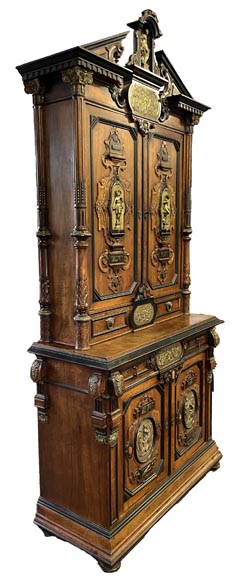 Imposing Neo-Renaissance cabinet in walnut, marble, gilt bronze and hardstones, circa 1870-2