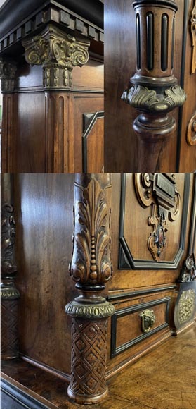 Imposing Neo-Renaissance cabinet in walnut, marble, gilt bronze and hardstones, circa 1870-6