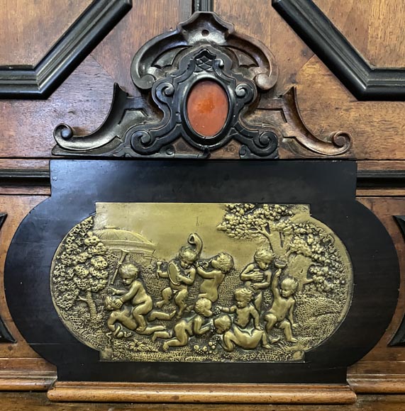 Imposing Neo-Renaissance cabinet in walnut, marble, gilt bronze and hardstones, circa 1870-7