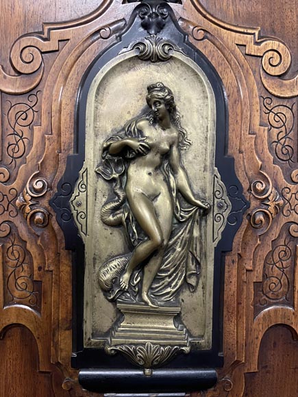 Imposing Neo-Renaissance cabinet in walnut, marble, gilt bronze and hardstones, circa 1870-8