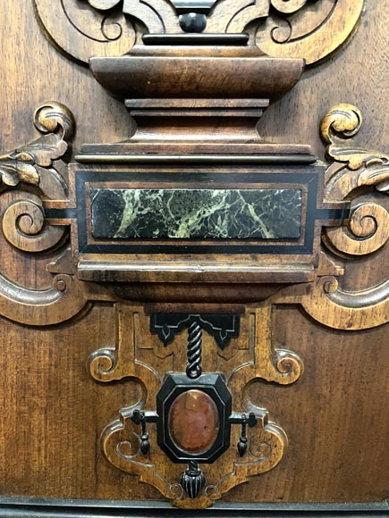 Imposing Neo-Renaissance cabinet in walnut, marble, gilt bronze and hardstones, circa 1870-9