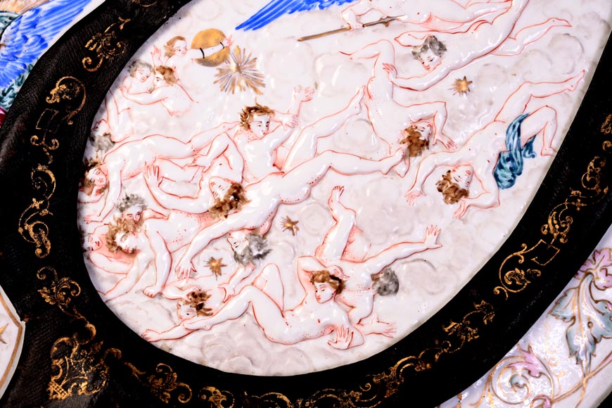 Decorative shield with high-relief decoration of the Creation to the Last Judgment after the Milton Shield by Léonard Morel-Ladeuil, Naples porcelain, known as Capodimonte porcelain-11
