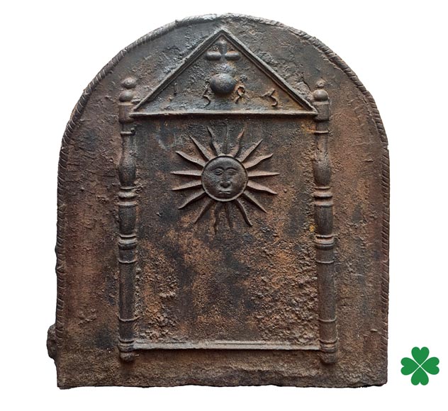 Cast iron fireback dated 1693, decorated with a radiant sun and architectural symbols-0
