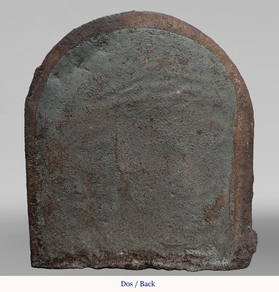 Cast iron fireback dated 1693, decorated with a radiant sun and architectural symbols-5