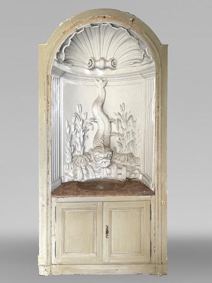 Indoor Fountain with Dolphin Motif – Carved Stuccowork and Corton Marble Stone, 18th Century-0