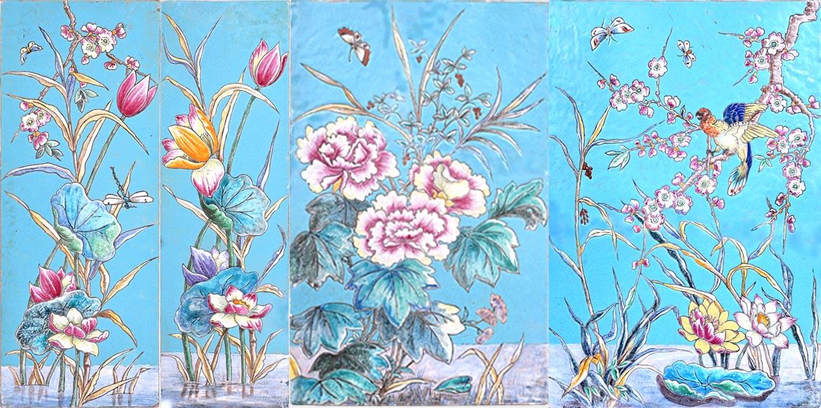 Eugène COLLINOT, 3 sets of decorative Japanese-style earthenware plaques-3