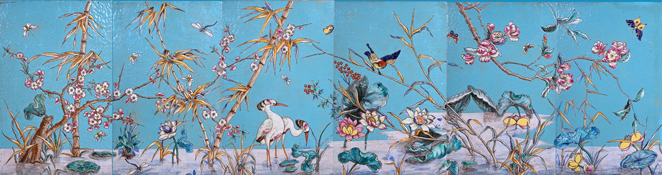 Eugène COLLINOT, 3 sets of decorative Japanese-style earthenware plaques-14