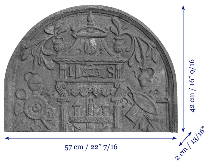  Cast iron fireback in a semicircle, dated 1623-7