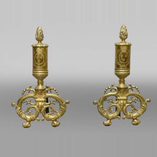 Pair of gilt bronze andirons, Restoration style, early 19th century
