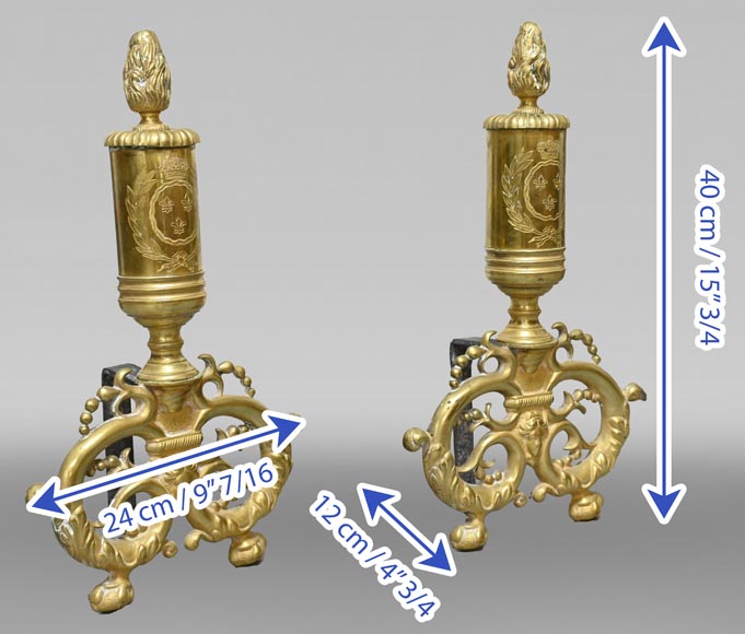 Pair of gilt bronze andirons, Restoration style, early 19th century-5