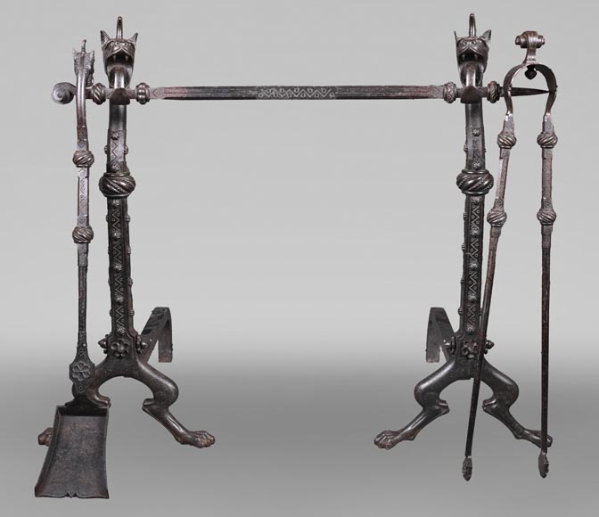 E. LARCHEVÊQUE, pair of wrought iron fire dogs with dragon heads-0