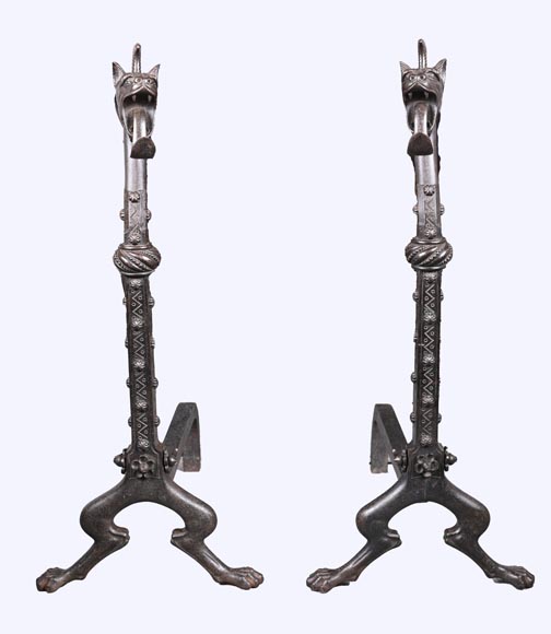 E. LARCHEVÊQUE, pair of wrought iron fire dogs with dragon heads-1