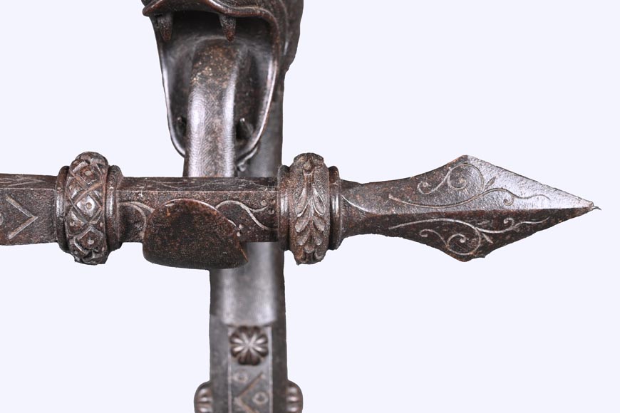 E. LARCHEVÊQUE, pair of wrought iron fire dogs with dragon heads-9