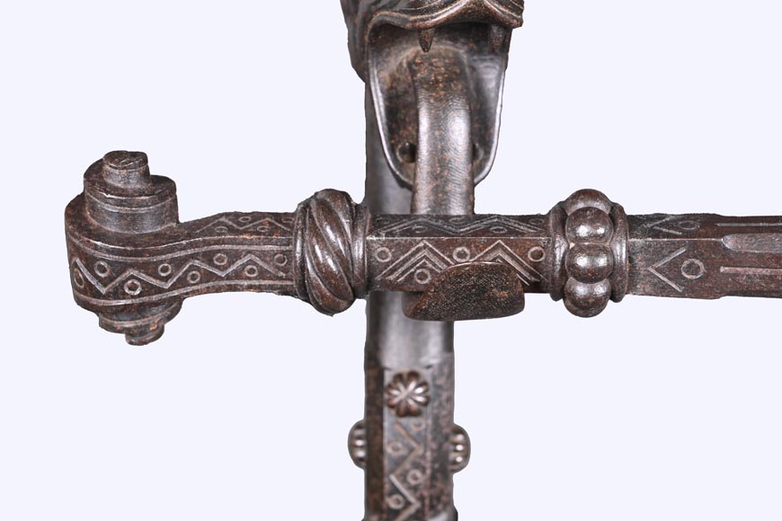 E. LARCHEVÊQUE, pair of wrought iron fire dogs with dragon heads-10