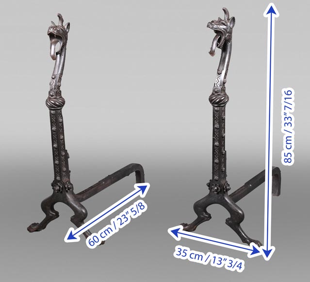 E. LARCHEVÊQUE, pair of wrought iron fire dogs with dragon heads-14