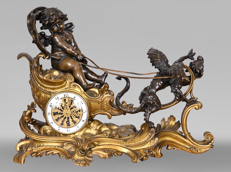 Rococo style clock with Louis XV monogram, gilt and patinated bronze-0