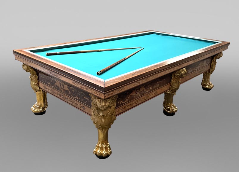 PORET AND PANNETIER, French billiard table in the Louis-Philippe style with rich marquetry decoration, resting on six gilt bronze lion's feet-0