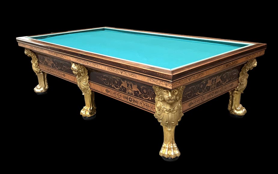 PORET AND PANNETIER, French billiard table in the Louis-Philippe style with rich marquetry decoration, resting on six gilt bronze lion's feet-1