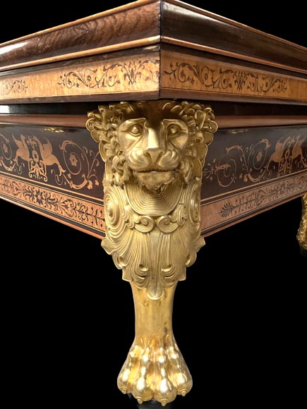 PORET AND PANNETIER, French billiard table in the Louis-Philippe style with rich marquetry decoration, resting on six gilt bronze lion's feet-3