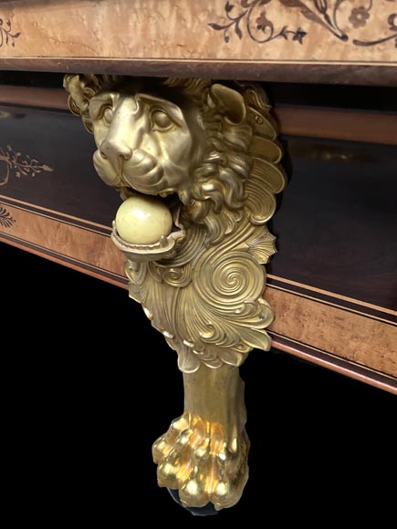 PORET AND PANNETIER, French billiard table in the Louis-Philippe style with rich marquetry decoration, resting on six gilt bronze lion's feet-5