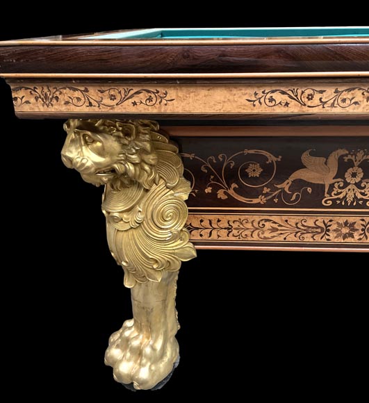 PORET AND PANNETIER, French billiard table in the Louis-Philippe style with rich marquetry decoration, resting on six gilt bronze lion's feet-7