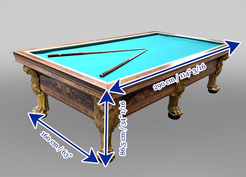 PORET AND PANNETIER, French billiard table in the Louis-Philippe style with rich marquetry decoration, resting on six gilt bronze lion's feet-10