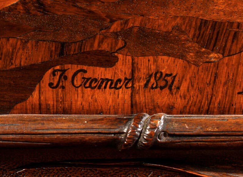 Jean-Pierre TAHAN & Joseph CREMER, two-part carved buffet with marquetry panel called “Fantasy Furniture” Exhibition 1855-9