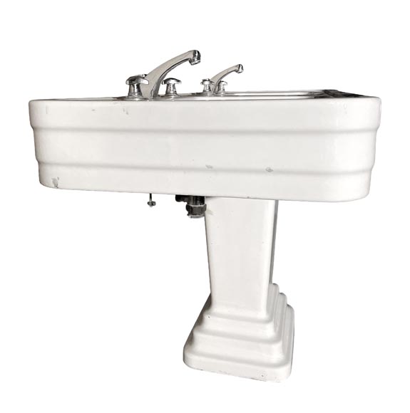 Double washbasin in white enamelled ceramic, chrome fittings, Art Deco Double washbasin in white enamelled ceramic, chrome fittings, Art Deco-3