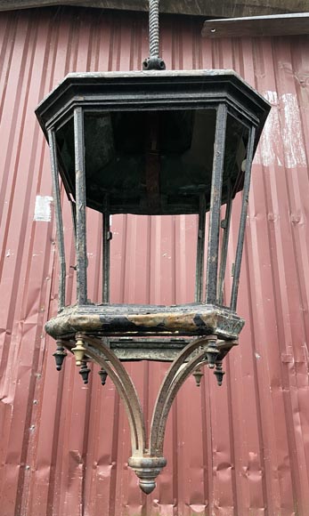 Important pair of hexagonal architectural lanterns in patinated metal-3