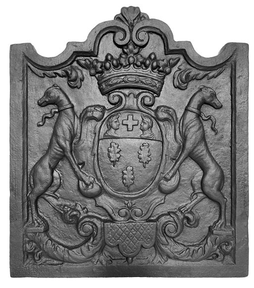 Fireplace plaque with coat of arms supported by two greyhounds Fireplace plaque with coat of arms supported by two greyhounds-0