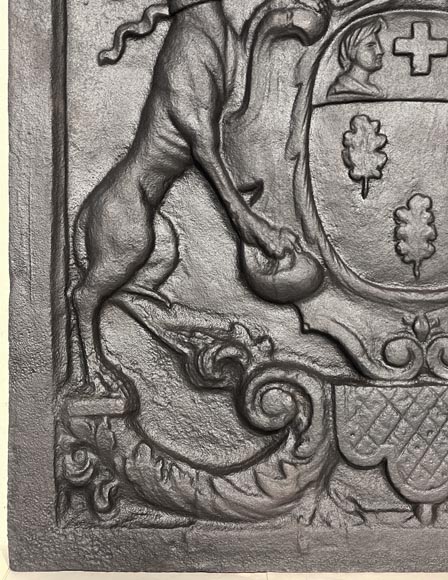 Fireplace plaque with coat of arms supported by two greyhounds Fireplace plaque with coat of arms supported by two greyhounds-2