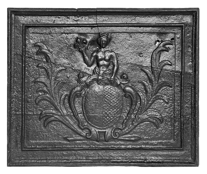 Fireplace plaque with coat of arms surmounted by Apollo holding a fleur-de-lis Fireplace plaque with coat of arms surmounted by Apollo holding a fleur-de-lis-0