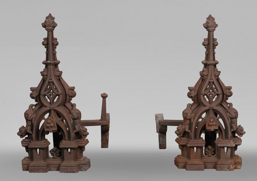 Pair of Neo-Gothic Iron Fire Dogs Pair of Neo-Gothic Iron Fire Dogs-0