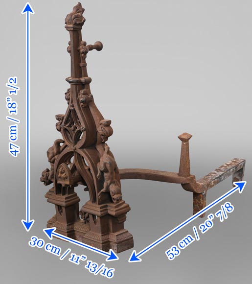 Pair of Neo-Gothic Iron Fire Dogs Pair of Neo-Gothic Iron Fire Dogs-9