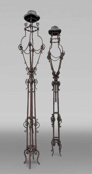 Pair of wrought iron lighting candelabra with openwork shafts, in the Renaissance taste-0