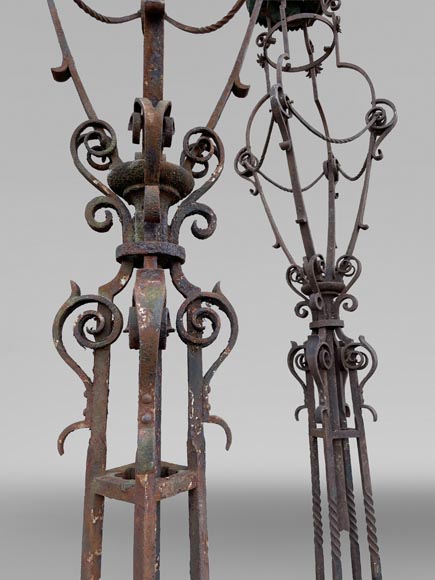 Pair of wrought iron lighting candelabra with openwork shafts, in the Renaissance taste-3
