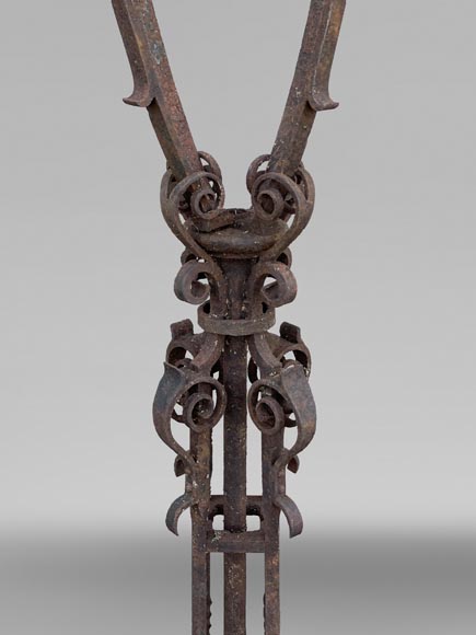 Pair of wrought iron lighting candelabra with openwork shafts, in the Renaissance taste-4