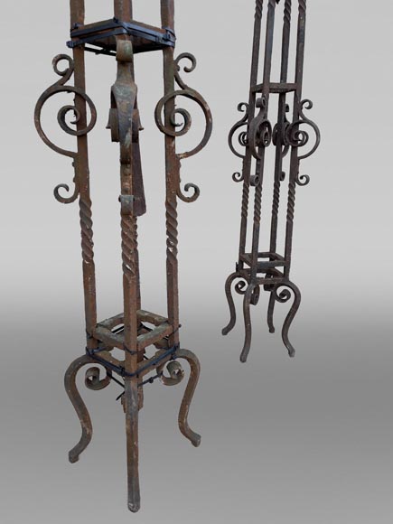 Pair of wrought iron lighting candelabra with openwork shafts, in the Renaissance taste-5